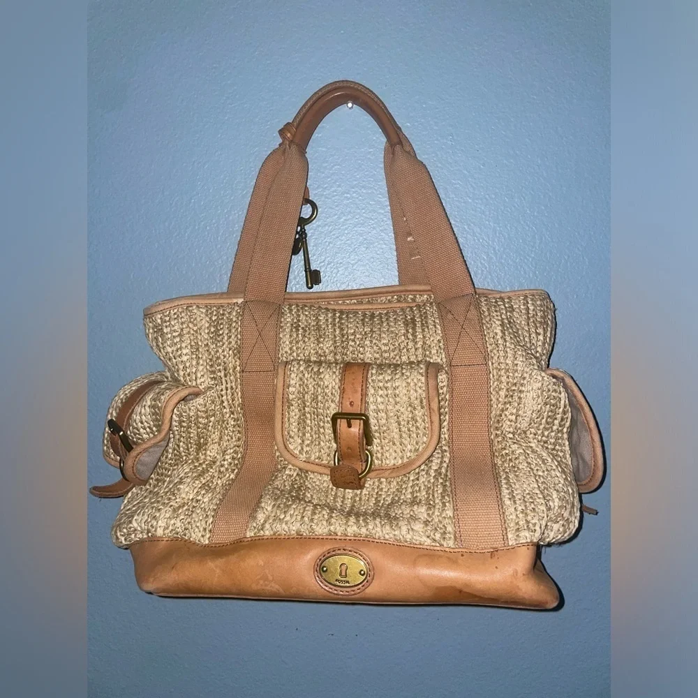 Vintage Woven tote large fossil bag straw bag leather bag canvas shoulder bag
